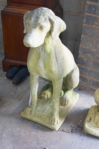 A reconstituted stone seated hound garden ornament, height 72cm